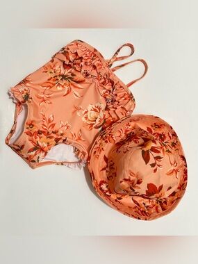 Janie And Jack Toddler’s Girls 18-24 Months Strap Swimsuit Whit BKT Hat Orange